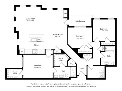 Floor plan for 3 beds, 2 baths, 1576 sqft